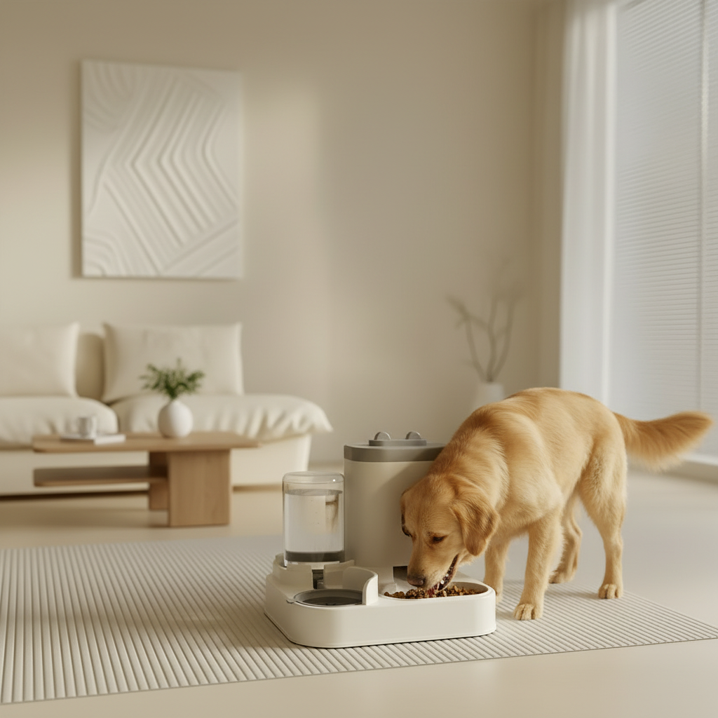 Comedero automático para mascotas en casa moderna con perro